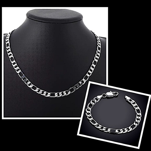 SILVER CUBAN FIGARO CHAIN LINK NECKLACE + BRACELE STERLING STMP .925  SET - Picture 1 of 7